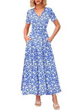 Women's Blue White Summer Maxi Dress Wrap V Neck Elegant Long Dress Short Sleeve